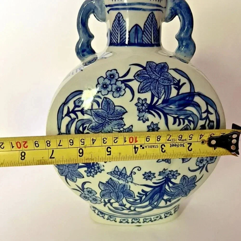 NEW Blue & White Floral Round Ceramic Bud Vase Jar with Handles 11
